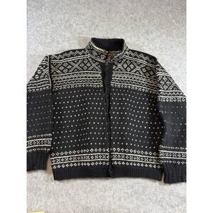 VINTAGE 1940s Nordic Cardigan Sweater Mens Large Black Fair Isle Chunky Knit